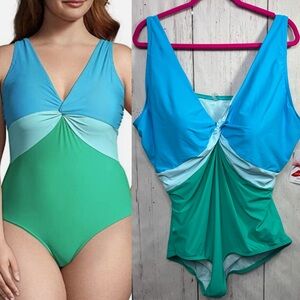 Lands'End Womens Tummy Control V Neck Twist One Piece Swimsuit Colorblock UPF 50
